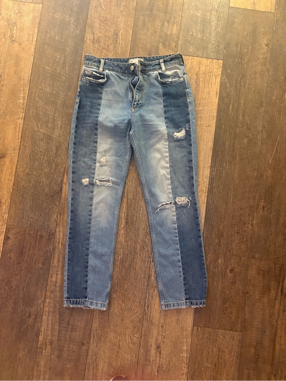 Free People Two-Tone Colorblock Distressed Straight Leg Jeans W27